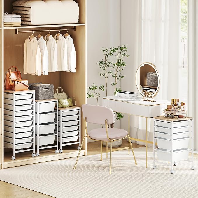 LDAILY Rolling Cart with Drawers, 6 Drawer Rolling Storage Cart with Wooden Tabletop, Metal Frame & Lockable Wheels, Craft Organizers and Storage for Home Office Classroom (White, 6 Drawer)