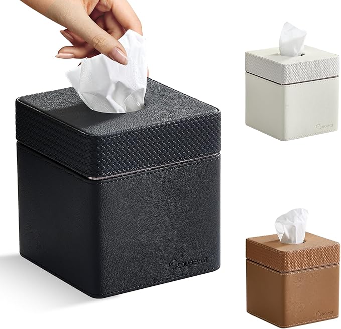 Tissue Box Holder Cover, Modern PU Leather Square Decorative Tissue Holder Organizer-Woven New Black