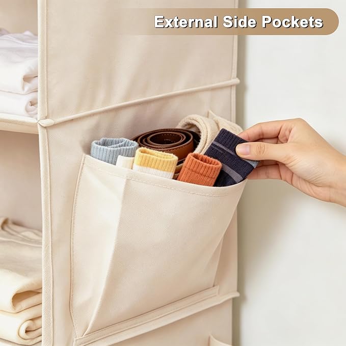 Foldable Hanging Closet Organizer, 5-Shelf Hanging Shelves with Side Pockets, Space Saving Storage for Clothes and Accessories