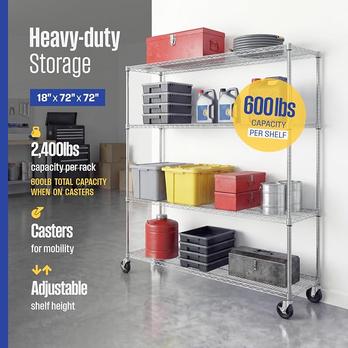 SafeRacks NSF 4-Tier Heavy Duty Steel Wire Rack w/Wheels (18"x72"x72")