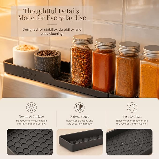 TEO Silicone Magnetic Stove Top Shelf, Over the Stove Spice Rack, Black | 30 Inch, Over Oven Shelf, Built-in Magnets, Heat-Resistant, Dishwasher Safe, Kitchen Spice Storage Organizer