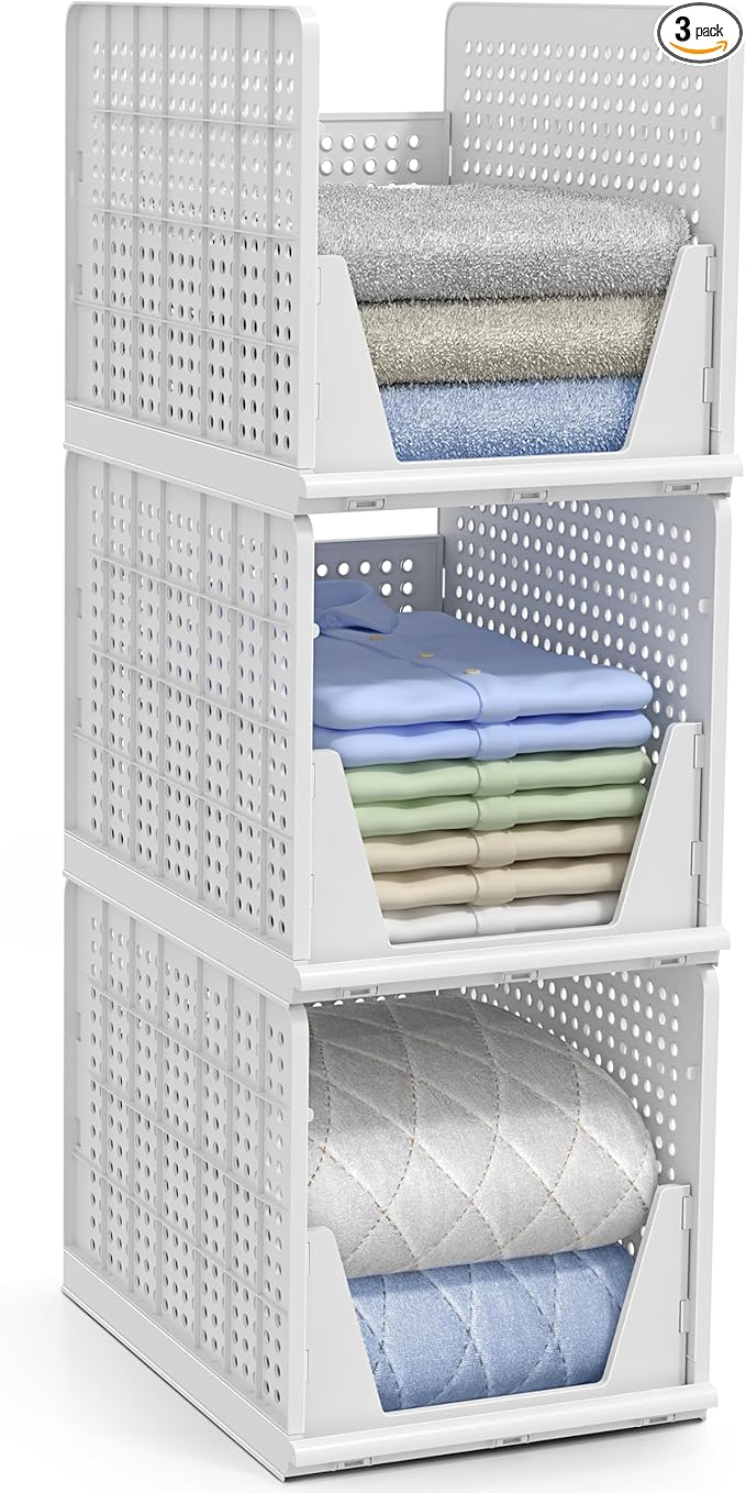 Sorbus Stackable Shelf Organizer Baskets – Plastic Closet Organizer for Clothes, Pantry, Bathroom, Kitchen & Garage – Open Front Storage Bins for Cabinets, Countertops & Under Shelf Organization