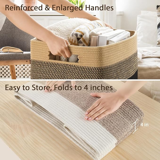 Optish 95L Blanket Basket, Large Woven Baskets for Storage, Blanket Storage for Living Room, Rope Basket with Handles for Bedroom, Nursery, Toys, Clothes, 24” x 17” x 13.5”, White & Brown