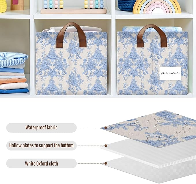 Blue Beige French FloralStorage Bins for Shelves with Labels&Handles Fabric Organizer Bin Foldable Rectangle Storage Basket Boxes for Closet, Bathroom, Home, Living Room, 2 Pack