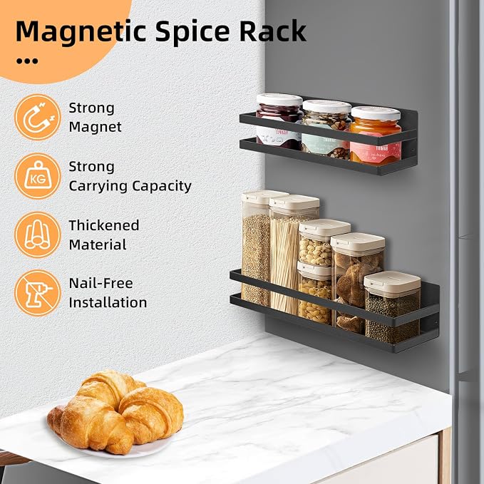 Uten Large Magnetic Spice Rack for Refrigerator 2 Pack, Fridge Organizer | Metal black magnetic Schelves, capacity of up to 23lbs, for washing machine, 16"*4.5" and 12"*4"