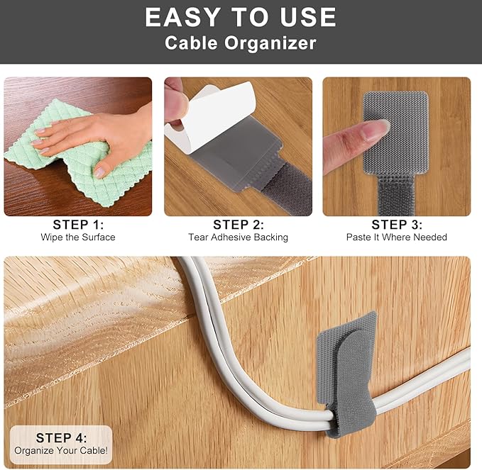 50-Pack Reusable Self-Adhesive Cable Ties cable management Adjustable Hook & Loop Straps for Organizing Data Cables, Wires, Headphones Under-Table Cord Management for Home, Office