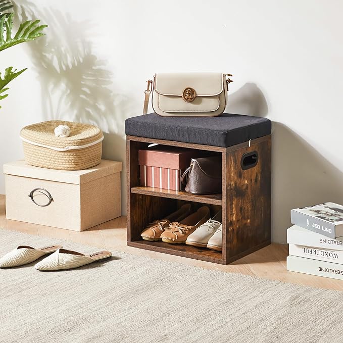 YMYNY Small Shoe Storage Bench with Cushion, Rustic Brown, HBD028H | 2 Tier Entryway Bench with Storage, Small Shoe Rack Bench with Adjustable Shelf for Entryway 11 x 15.3 x 16.5 Inches