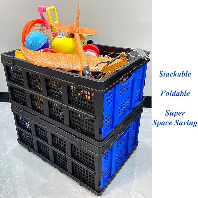 Collapsible Storage Crate 22L x 15W x 10.7H Inch - Foldable and Stackable Plastic Bin, 1.73 Cu Ft Folding Basket for Car Trailer Garage and Home – 2 Pack
