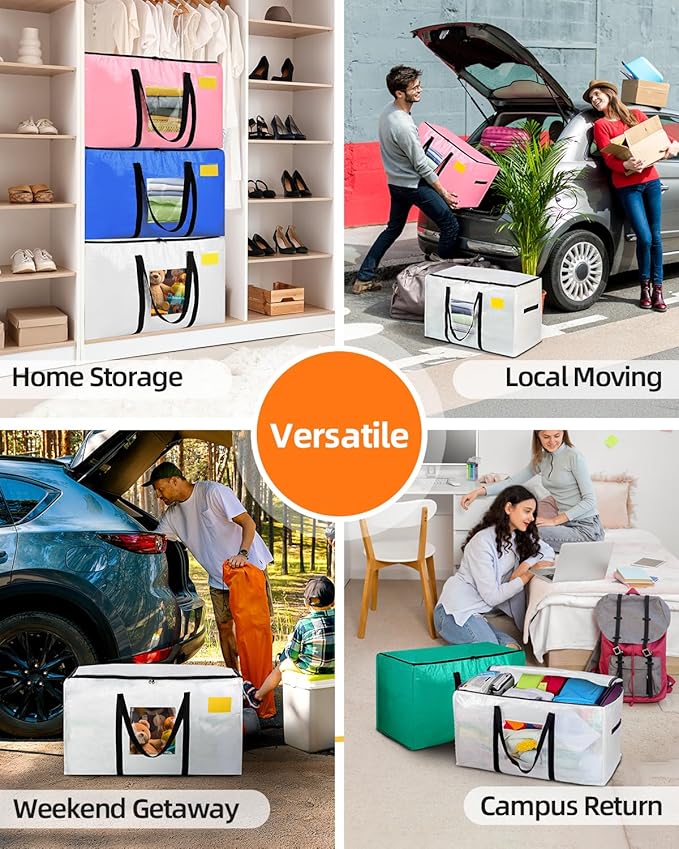 Extra Large Moving Bags, 12 Pack Heavy Duty Storage Bags Boxes Bins Totes with Hnadles Zippers Visible Window for Clothes College Dorm Travel, Clear