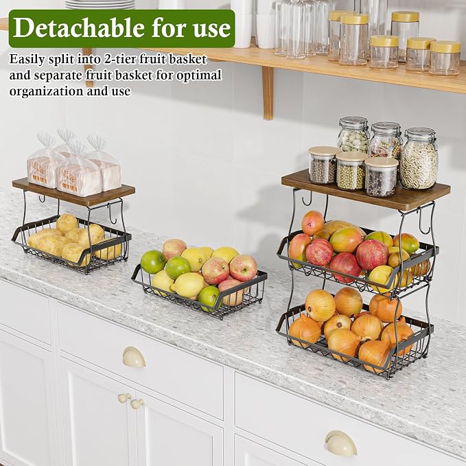 OKZEST 3-Tier Fruit Basket Fits Between Countertop & Upper Cabinet, 16.8" H | Includes wood top & banana hangers, Stackable kitchen countertop organizer, Holds potato, onion, bread, snack, fruit, veggie