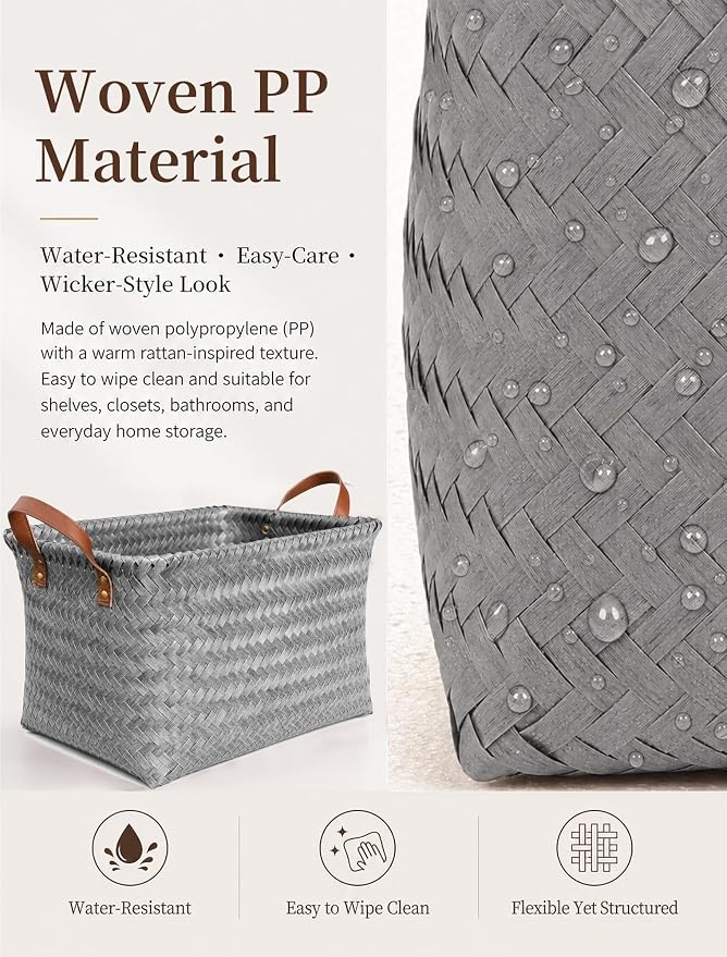 Hand Woven Baskets for Storage, 4Pcs Water-Resistant Wicker Baskets, Grey Wicker Storage Baskets for Shelves, Large Basket with Handle for Organizing, Clothes, Laundry, Blanket - Rectangular