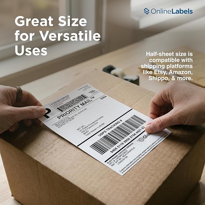 8.5 x 5.5 Half-Sheet Shipping Labels - Permanent, White Matte - for FBA, FedEx, UPS - Pack of 2,000 Labels, 1,000 Sheets - Inkjet/Laser Printers - Online Labels