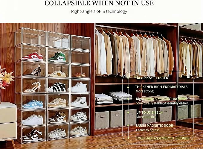 6 Pack Thickened Shoe Boxes Clear Plastic Stackable, Substantial Sneaker Storage Organizers with Lids, Collapsible, Large Magnetic Door, Heavy Duty, Fit Up to US Size 14