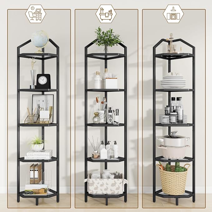 5-Tier Corner Shelf Stand, Black Corner Bookshelf, Bathroom Storage Rack Shelf, Plant Rack, Tempered Glass, Steel Frame, Modern Style for Living Room, Bathroom, Kitchen, Metallic Black