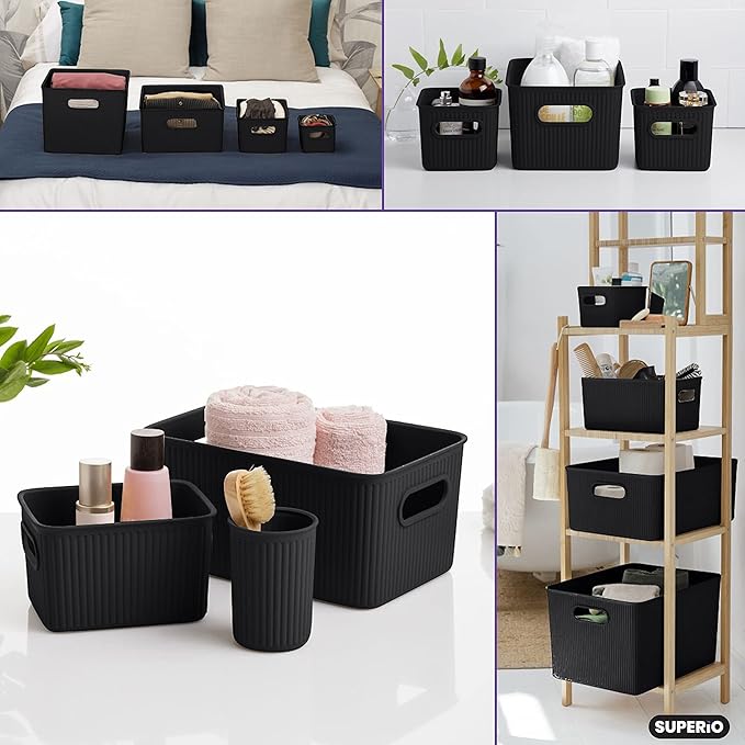 Superio Ribbed Collection - Decorative Plastic Basket Open Home Storage Bins Organizer, Small Brown (4 Pack) Container Boxes for Organizing Closet Storage Bins for Shelves Drawer Shelf 1.5 Liter