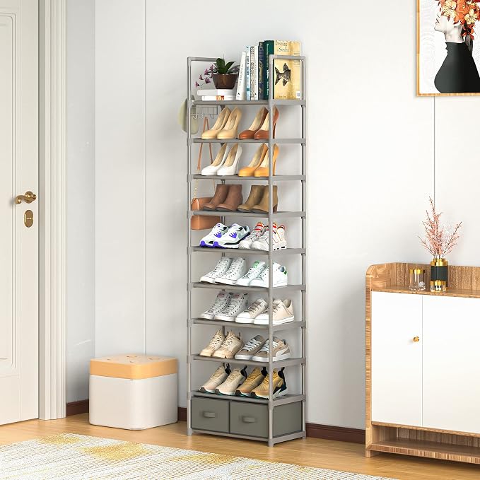 OYREL Shoe Rack Sturdy Metal 10 Tier Shoes Rack Organizer + 2Boxes 1Hook | Narrow Space Saving Shoe Storage Shelf for Closets, Tall Shoe Stand for Entryway, Living Room