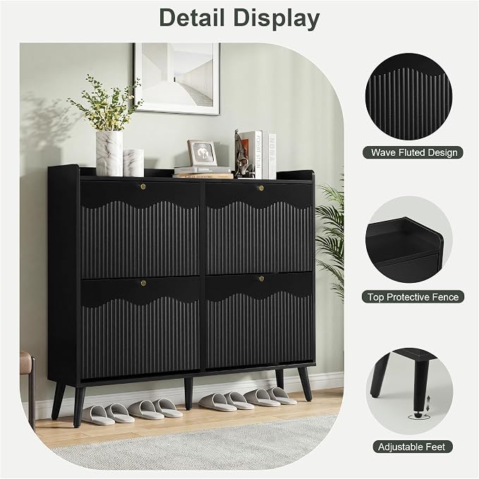 BERRYMERRY 47.2” Shoe Storage Cabinet for Entryway with 4 Flip Drawers, Narrow Shoe Organizer with Wave&Fluted Panel, Freestanding Wood Hidden Shoe Cabinet for Hallway