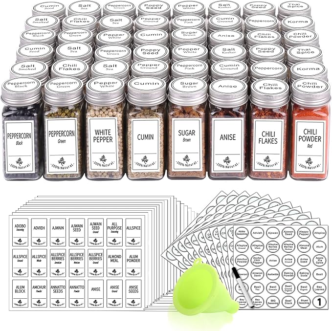 SWOMMOLY 48 Glass Spice Jars with Labels, 4oz Empty Spice Bottles with Lids | 48 Pcs Square Spice Containers with 806 White Spice Labels, Pour/sift Shaker Lid, Airtight Cap, Chalk Marker and Funnel