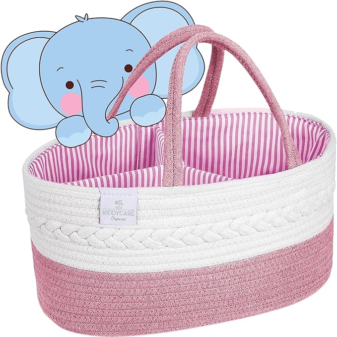 KiddyCare Woven Diaper Caddy Organizer, Large Gray Multi Functional Portable Baby Basket with Handle, Baby Gift for Boy/Girl Nursery Storage, Organization, and Modern Car Diaper Caddy Pink X-Large