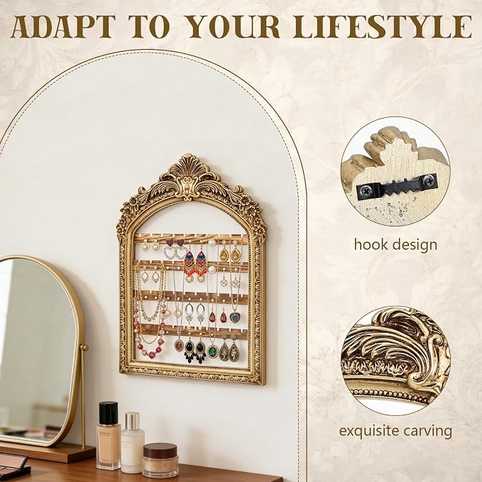 Large Hanging Earring Jewelry Organizers, 13 x 9.3 Inch 4 Layer Vintage Gold Arched Frame, Wall Mounted Jewelry Holder, Decorative Earring Organizer Display for Stud Earring Bracelet Necklace Ring