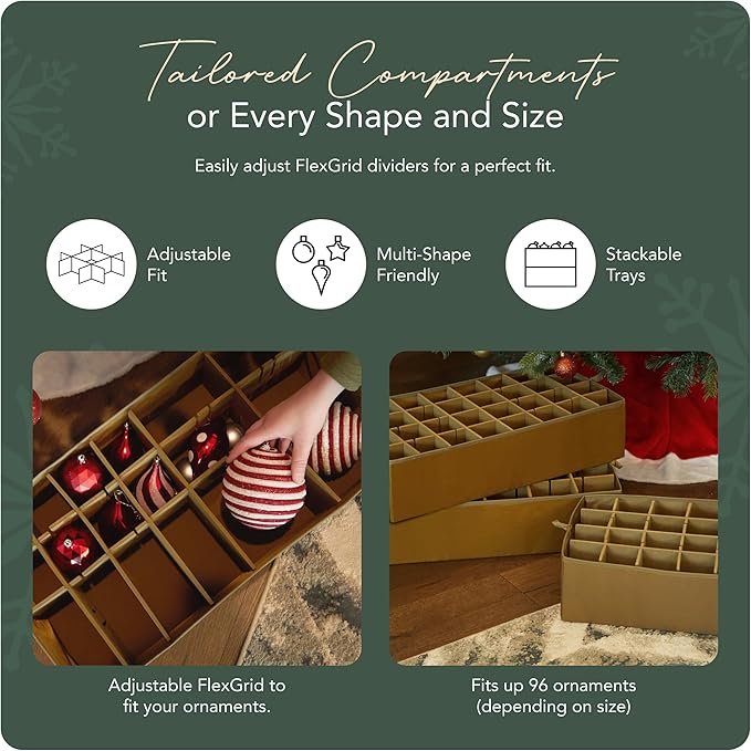 Covermates Keepsakes Adjustable Ornament Storage Bag – Heavy-Duty Polyester, Padded Dividers & FlexGrid Trays – Protective Holiday Ornament Organizer with Handles & Label Window, Green Snowflake