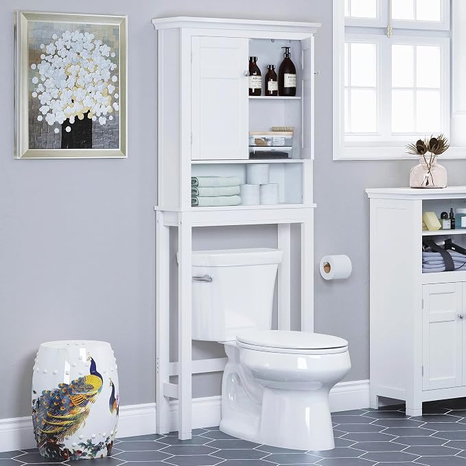 Spirich Over The Toilet Storage Cabinet, White Bathroom Organizer | Shaker Doors, Open & Hidden Storage, Adjustable Interior Shelf, FSC-Certified MDF, Anti-Tip Fitting, Adjustable Crossbar