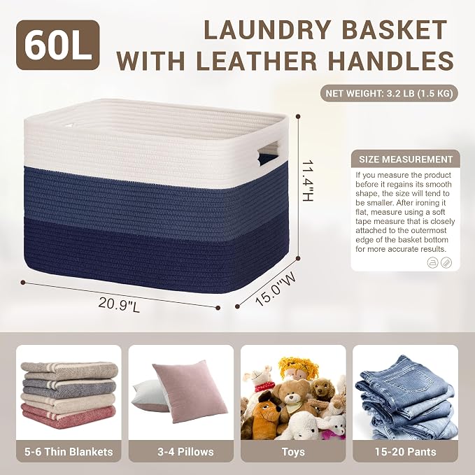 60L Woven Laundry Basket Hamper with Handles, Gradient Blue | 21"x15"x11", collapsible wicker hamper, storage for dirty clothes, toys, blankets, gifts, living room, bedroom, bathroom