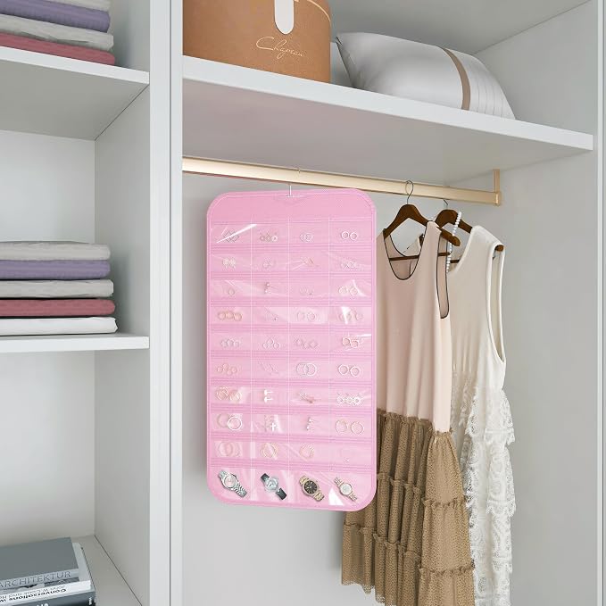 Hanging Jewelry Organizer 80-Pocket Double-Sided Storage, 1-Pack, Pink | Foldable clear PVC 80-pocket storage; swivel hook fits walls, doors & rods to organize earrings, necklaces, bracelets & rings