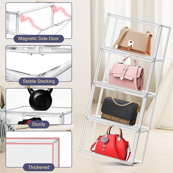 12 Pack Clear Acrylic Shoe Storage Box, Size 14 Shoe Organizer | Stackable Shoe Organizer for Everyday Footwear, Magnetic Side Door, Dustproof Closet Storage Container
