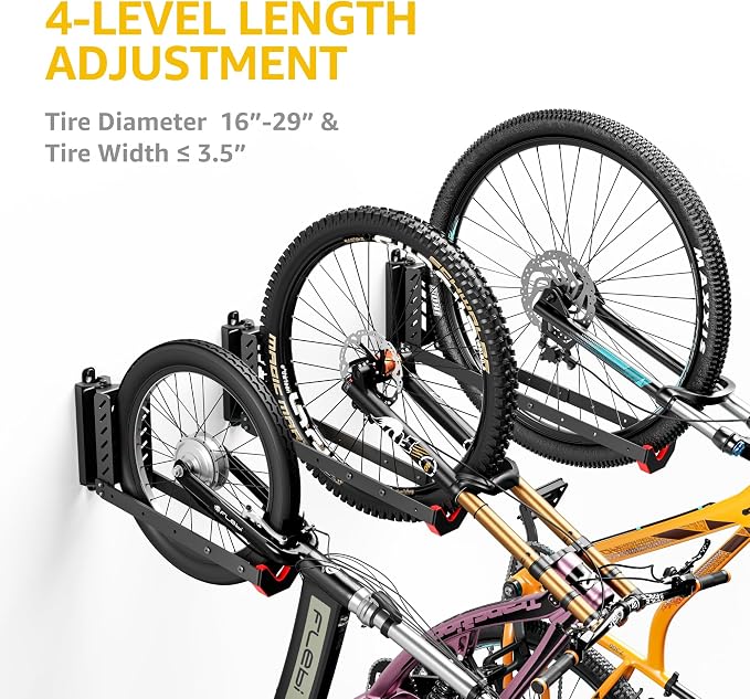 monTEK No-Lift Swivel Bike Wall Mount, Bike Hangers for Garage, 2 Pack | Space-saving bike storage rack pivots 120°; 4 settings fit 16-29 in wheels and tires up to 3.54 in wide; holds 77 lb each