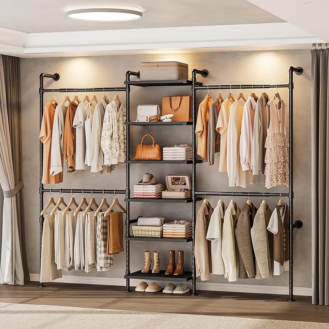 T1 Wall Mounted Closet System, Industrial Pipe Clothing Rack with 6 Wooden Shelves & 4 Telescopic Rods, Heavy Duty Closet Organizers and Storage in Wardrobe Closet (Black)