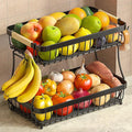 Sevenblue 2-Tier Fruit Basket with Banana Hangers, Detachable Metal Bowl | Wooden handle, protective mats included. Versatile holder for bread, snacks, and veggies. Large 2 tier metal design.