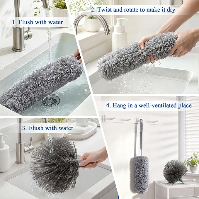 Cobweb Duster with Extension Pole 100 inches, Dusters for Cleaning with 2 Duster Heads, Washable Microfiber Feather Duster for Cleaning Ceiling Fan, High Ceiling, Blinds, Furniture & Cars