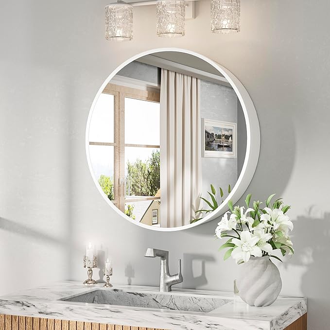 Keonjinn 20 Inch Round Medicine Cabinet with Mirror, White Surface Mount Only Mirror Medicine Cabinet, Modern Medicine Cabinets with Mirror, Metal Framed Bathroom Vanity Mirror with Storage