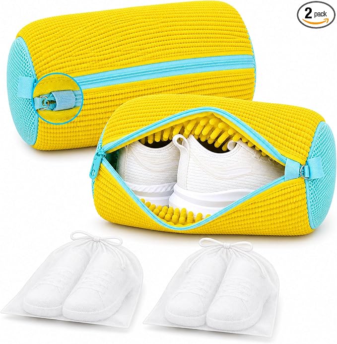 Shoe Washing Machine Bag 2 Pack with 2 Dust Bags for Washer Dryer | Chenille Microfiber Lining, 17 x 7.5 inch Cylindrical Shape, Auto-Lock Zipper, Foldable Yellow Laundry Wash Cleaner Pouches