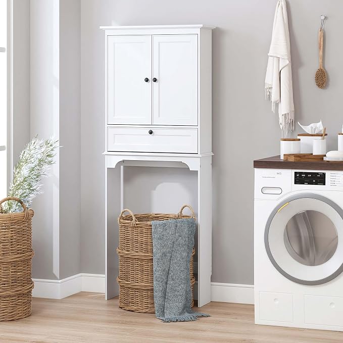 Spirich Bathroom Over the Toilet Storage Cabinet with Tilt-Out Cube, White | Space-saving Organizer for Small Bathrooms, Doors Conceal Clutter, Adjustable Shelf, Anti-Tip Device, Engineered Wood