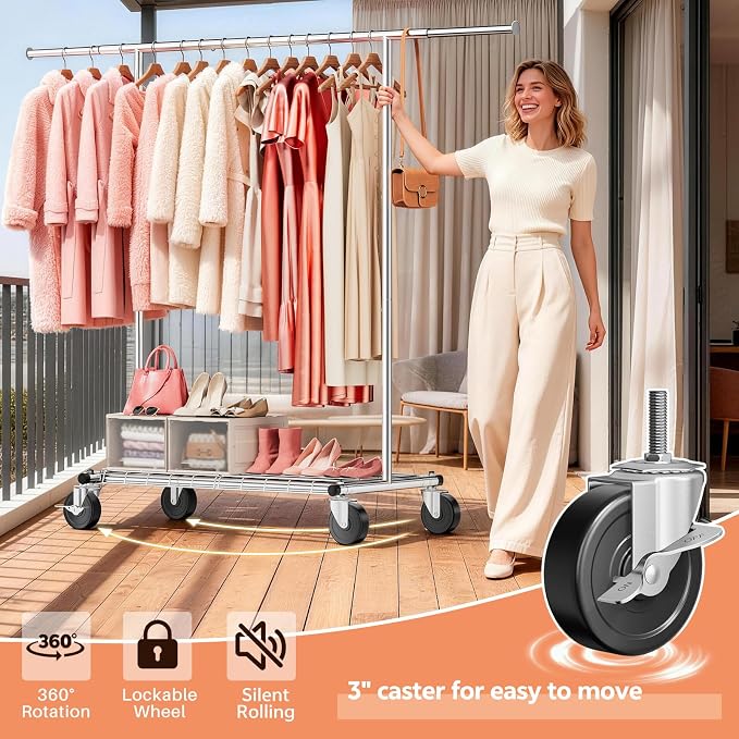 Heavy Duty Clothes Rack for Bedroom - Load 420 LBS - Rolling Clothing Rack for Hanging Clothes with Lockable Wheels & Shelves - Extendable Garment Rack for Closet Laundry - Silver