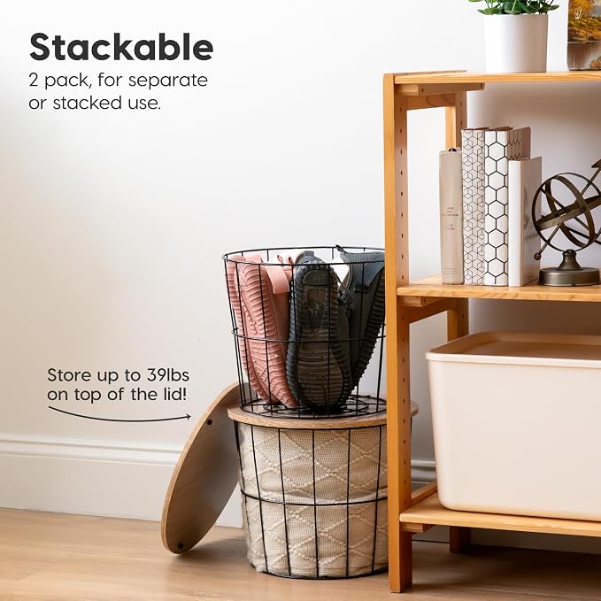 IRIS USA Round Wire Basket with Wooden Lid, 2 Pack | Living Room Bathroom Kitchen Storage, Water Resistant Surface