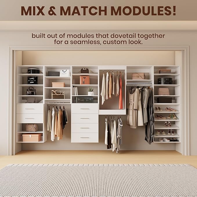 ROOMTEC Modular Closet System, 19.5" Shoe Shelf Closet Tower Wall-Mounted Closet Organizer, Wooden Tower for Walk-In Closets, Wardrobe Storage Kit, White