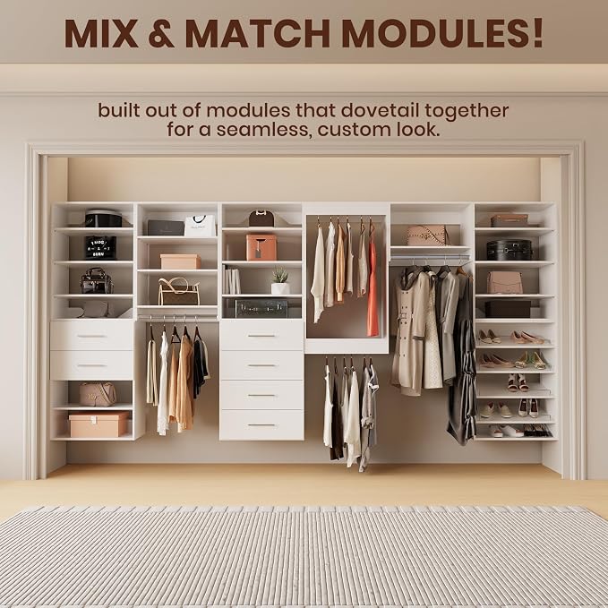 ROOMTEC Modular Closet System, 72" Wall Mounted Closet Organizer with Hanging Rods and Shoe Shelf, Wooden Tower for Walk-In Closets, Wardrobe Storage Kit, White