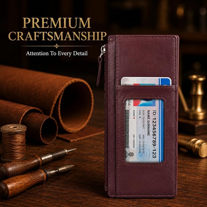 Leatherboss Genuine Leather Women's All in One Credit Business Card Case Holder Slim Zipper Wallet With a Card Protection Strap, Wine