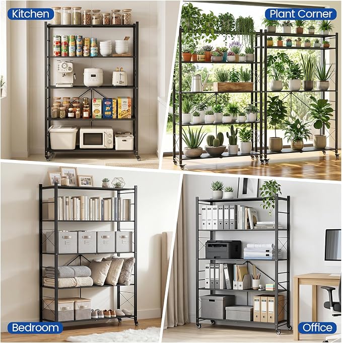 ALANNG 40" W Foldable 5-Tier Storage Shelves on Wheels Adjustable | Removable Metal Rack, Heavy Duty Rolling Organizer for Kitchen, Garage, Closet, Pantry, and Office (Black,2 Pack)