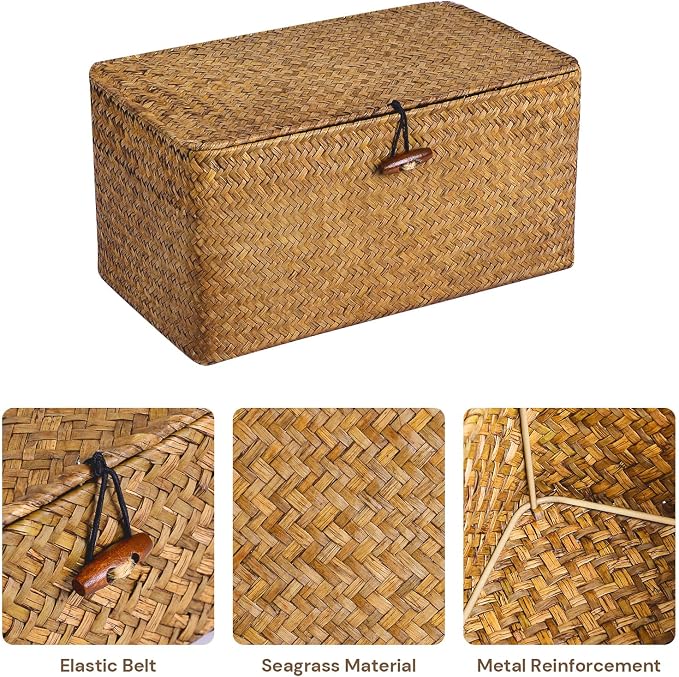 Natural Seagrass Storage Baskets with Lid,Multipurpose Home Organizer Bins Boxes for Shelf Organizer,Decorative Storage Bins