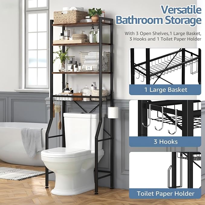 DUMOS Over-The-Toilet Storage Rack, 4-Tier Bathroom Organizer with Basket | Freestanding Above Toilet Storage Cabinet with Adjustable Shelf, Space Saver Bathroom Cabinet with 3 Hooks for Rooms, Brown