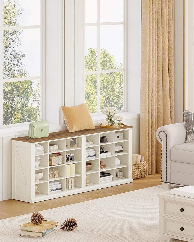 Hzuaneri Shoe Storage Bench, Wooden Entryway Shoe Benches with Cubby | Widened Wooden Farmhouse Shoe Bench with Compartments, Shoe Rack Benches for Cloakroom, Living Room, Antique White SB52514B