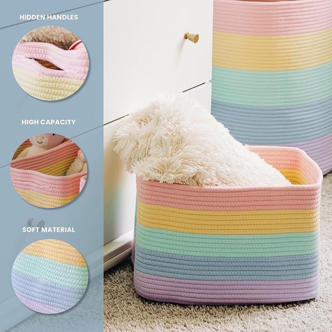 OrganiHaus Pastel Rainbow Cotton Rope Baskets for Shelves, Set of 3 - 15"×10"×9½" - Colorful Storage Baskets for Kids - Nursery, Playroom, Classroom - Toy Storage, Books, Towels