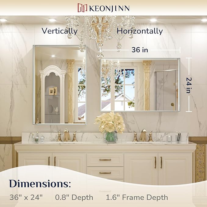 Keonjinn Brushed Silver Bathroom Mirror 24 x 36 Inch, Silver Rectangle Wall Vanity Mirror, Metal Framed Modern Rectangular Mirrors, Decorative Square Corner Farmhouse Mirrors(Horizontal/Vertical)