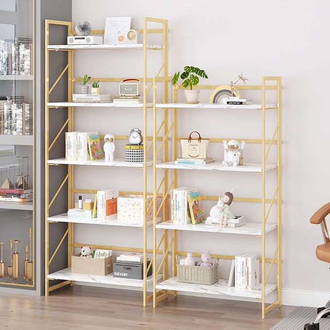 JSB 5 Tier No Assembly Folding Bookshelf, Foldable Storage Bookcase for Home Office, Space-Saving Storage Shelf for Living Room, Bedroom, Office (White&Gold)