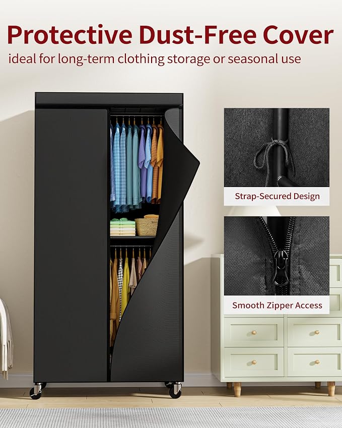 Sakugi Clothes Rack with Cover, Wardrobe Closet, 35.4"x17.7"x79.7", Iron | Bedroom, Dorm, Apartment, Open Front, Heavy Duty, Lockable Wheels, Rust-Resistant, Black