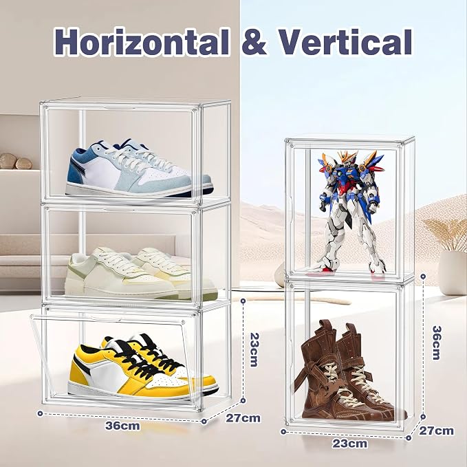 12 Pack Clear Acrylic Shoe Storage Box, Size 14 Shoe Organizer | Stackable Shoe Organizer for Everyday Footwear, Magnetic Side Door, Dustproof Closet Storage Container
